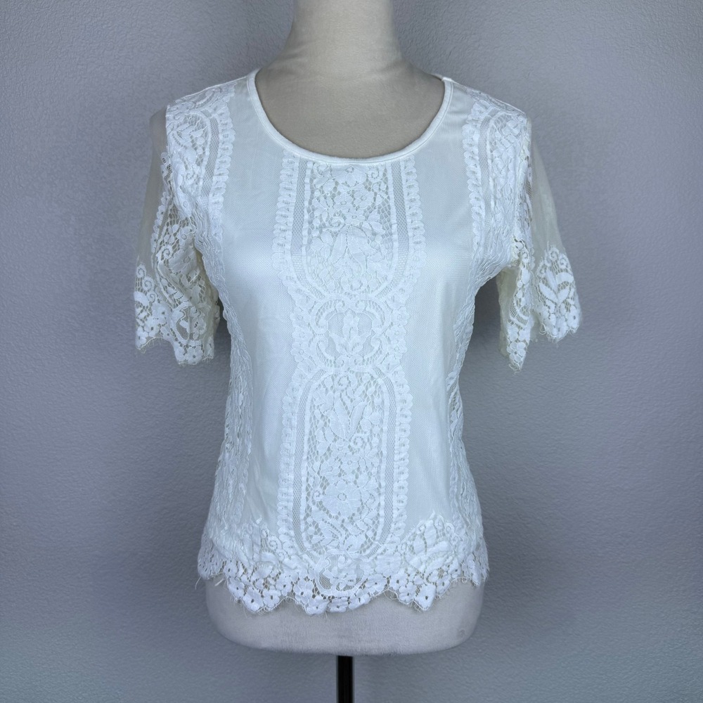 Young Threads White Lace Overlay‎ Short Sleeve Blouse Women's Sz S Indie Boho